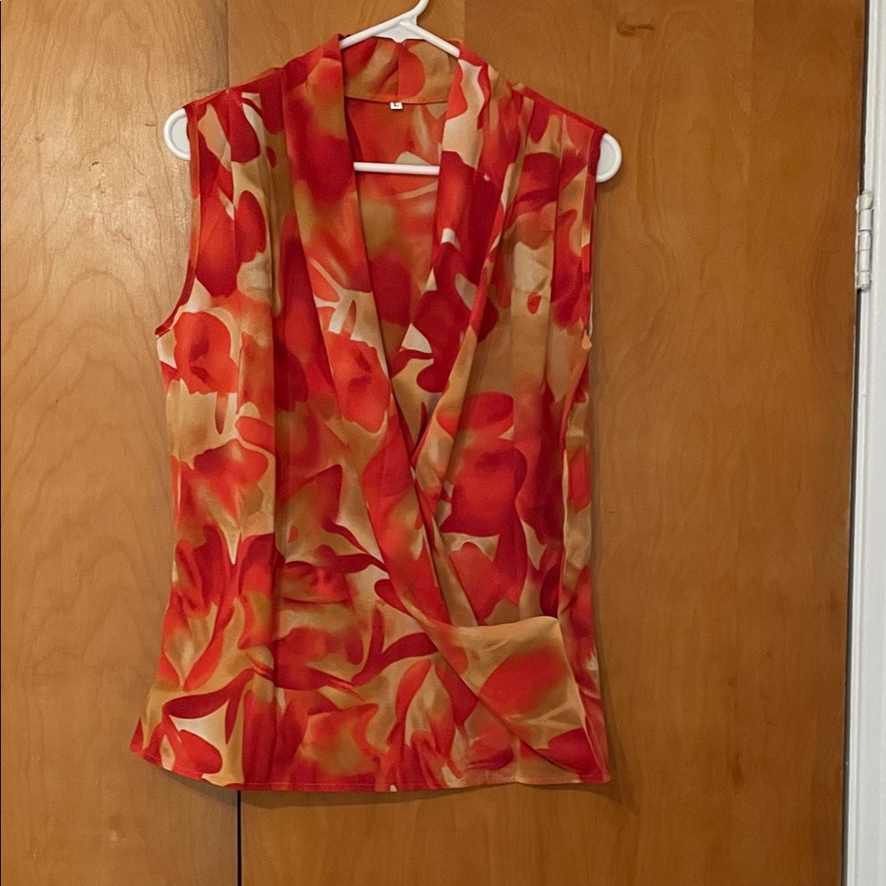 Floral Sleeveless Wrap Top - Red and Tan